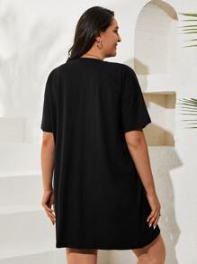 EURMUSE Plus Letter Graphic Drop Shoulder Tee Dress - Black - View 2