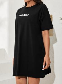 EURMUSE Plus Letter Graphic Drop Shoulder Tee Dress - Black - View 3