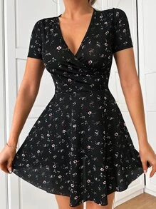 RueChic Ditsy Floral Print Surplice Neck Dress - Black - View 1