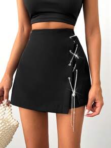 Cottnline 夏季水钻系带短裙 - 黑色 - 查看 1