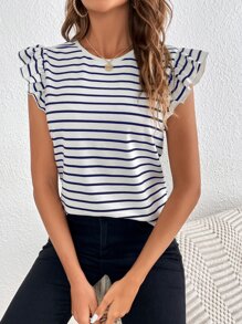 SHEIN Frenchy 條紋印花後紐扣荷葉邊蝴蝶袖T恤 - 藍白色 - 查看 4