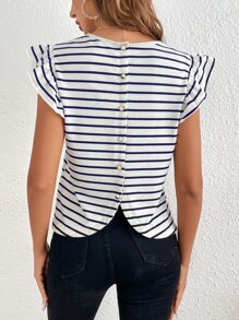 SHEIN Frenchy 條紋印花後紐扣荷葉邊蝴蝶袖T恤 - 藍白色 - 查看 5