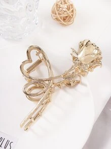 1 chiếc kẹp tóc lớn bằng kim loại hình hoa hồng cổ điển, phụ kiện tóc hoa thanh lịch. - Vàng - Xem 3