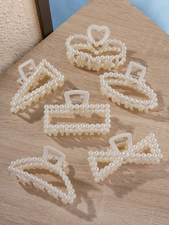 6pcs Faux Pearl Decor Hair Claw For Thick Hair White Hair Clips For Wedding Nonslip Jaw Clips Hair Styling Gift Hair Accessories For Women And Girls Elegant Valentine's Day Valentines Summer, School Stuff, College Fall Winter Claw Clip For Vacation Outfits Woman