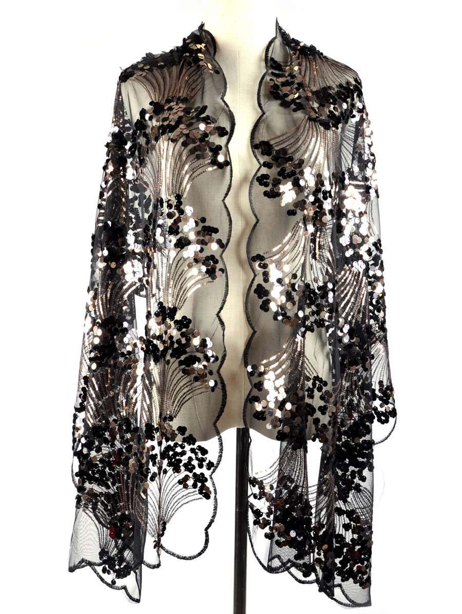 Sequin Decor Shawl - Black - View 1