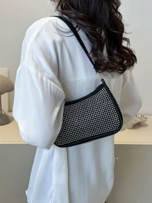 鉚釘裝飾單肩包撞色流浪包 - 黑色 - 查看 3