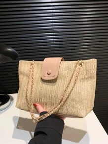 編織鏈帶手提袋 - 卡其色 - 查看 8
