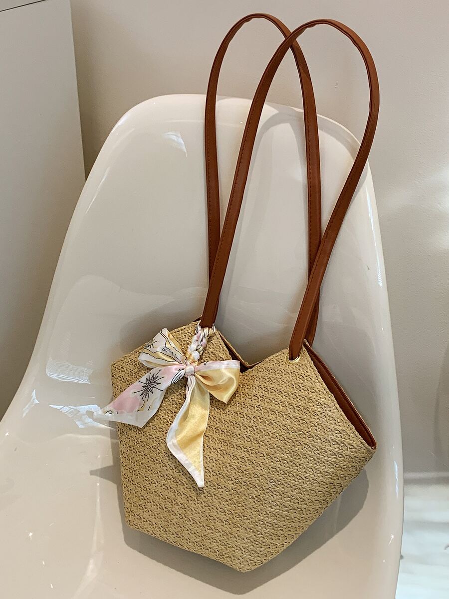 Bolsa de mimbre con diseño de pañuelo - Caqui - Ver 1