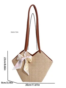 Bolsa de mimbre con diseño de pañuelo - Caqui - Ver 6