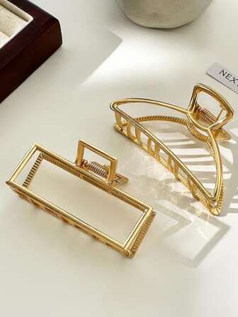 2 件/套大码女士金属色空心方形/弧形发夹