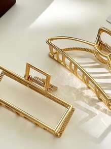 2 件/套大码女士金属色空心方形/弧形发夹 - 金色 - 查看 3