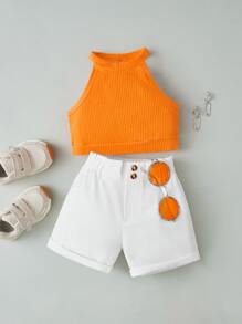 Baby Girl Ribbed Knit Halter Top & Paperbag Waist Shorts - Multicolor - View 1