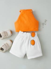 Baby Girl Ribbed Knit Halter Top & Paperbag Waist Shorts - Multicolor - View 2