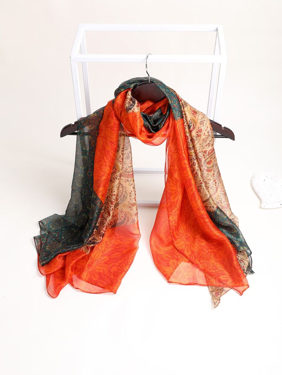 拼布波斯印花絲巾，復古時尚經典披肩