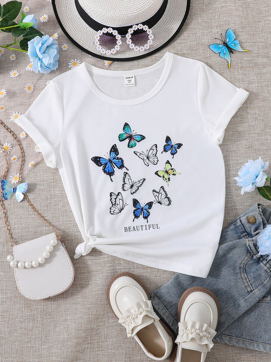 Girls Butterfly & Letter Graphic Tee - White - View 1