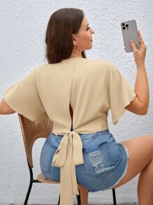 SHEIN Privé Áo sơ mi Plus Size Buộc lại Trọn gói màu trơn Giải trí - Màu be - Xem 1