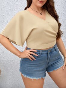 SHEIN Privé Áo sơ mi Plus Size Buộc lại Trọn gói màu trơn Giải trí - Màu be - Xem 3