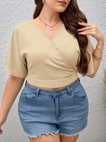 SHEIN Privé Áo sơ mi Plus Size Buộc lại Trọn gói màu trơn Giải trí - Màu be - Xem 4