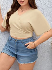 SHEIN Privé Áo sơ mi Plus Size Buộc lại Trọn gói màu trơn Giải trí - Màu be - Xem 5