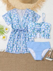 Tween Girl Floral Print Ruffle Hem Bikini Set With Kimono Summer Beach - Blue - View 1