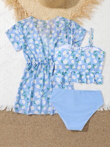 Tween Girl Floral Print Ruffle Hem Bikini Set With Kimono Summer Beach - Blue - View 2