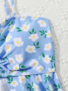 Tween Girl Floral Print Ruffle Hem Bikini Set With Kimono Summer Beach - Blue - View 4
