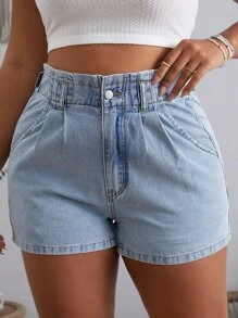 SHEIN Essnce Plus High Waist Plicated Detail Denim Shorts - Light Wash - View 5