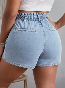 SHEIN Essnce Plus High Waist Plicated Detail Denim Shorts - Light Wash - View 2