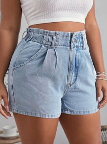 SHEIN Essnce Plus High Waist Plicated Detail Denim Shorts - Light Wash - View 4