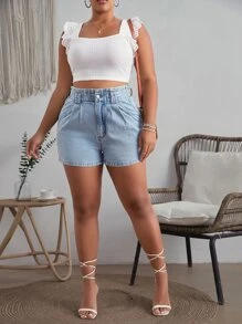 SHEIN Essnce Plus High Waist Plicated Detail Denim Shorts - Light Wash - View 3