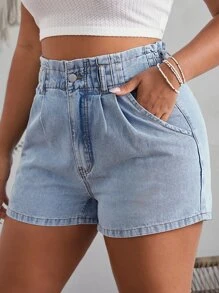 SHEIN Essnce Plus High Waist Plicated Detail Denim Shorts - Light Wash - View 1