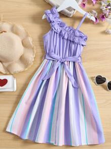 Chicas Vestido con cinturón de rayas de cuello asimétrico ribete con fruncido - Multicolor - Ver 1