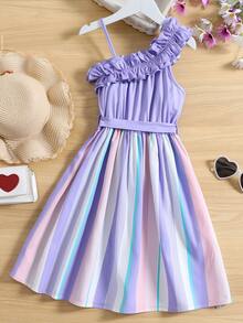 Chicas Vestido con cinturón de rayas de cuello asimétrico ribete con fruncido - Multicolor - Ver 2