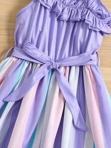Chicas Vestido con cinturón de rayas de cuello asimétrico ribete con fruncido - Multicolor - Ver 4