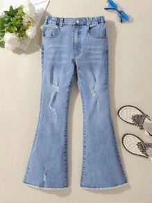 Chicas Jeans de pierna amplia desgarro bajo crudo - Azul lavado medio - Ver 1