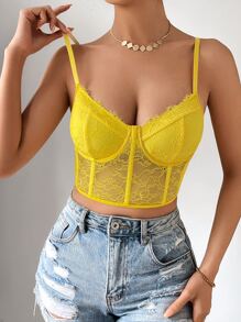 SHEIN Allurite Lace Bustier Crop Cami Top - Yellow - View 3