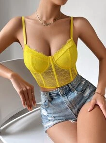 SHEIN Allurite Lace Bustier Crop Cami Top - Yellow - View 4