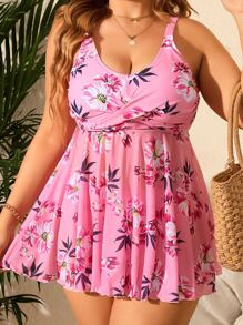SHEIN Swim Curve Plus Floral Print Twist Front Bikini Top Without Panty,Summer Beach - Pink - View 4