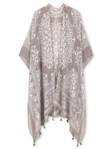 Floral Print Tassel Hem Kimono Summer