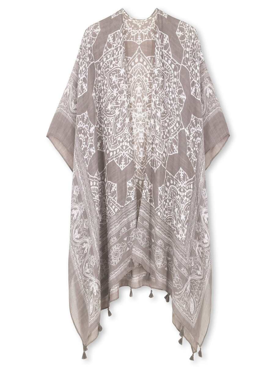 Floral Print Tassel Hem Kimono Summer