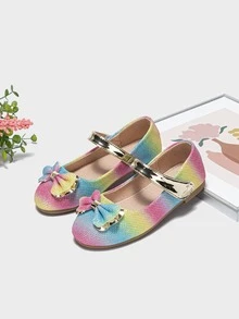 女孩蝴蝶結裝飾金屬質感細節漸層瑪麗珍魅力四射戶外金屬亮絲平底鞋