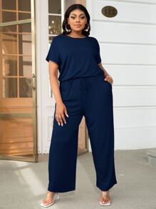 DEARCASE Plus Solid Drawstring Waist Keyhole Back Jumpsuit - Navy Blue - View 1