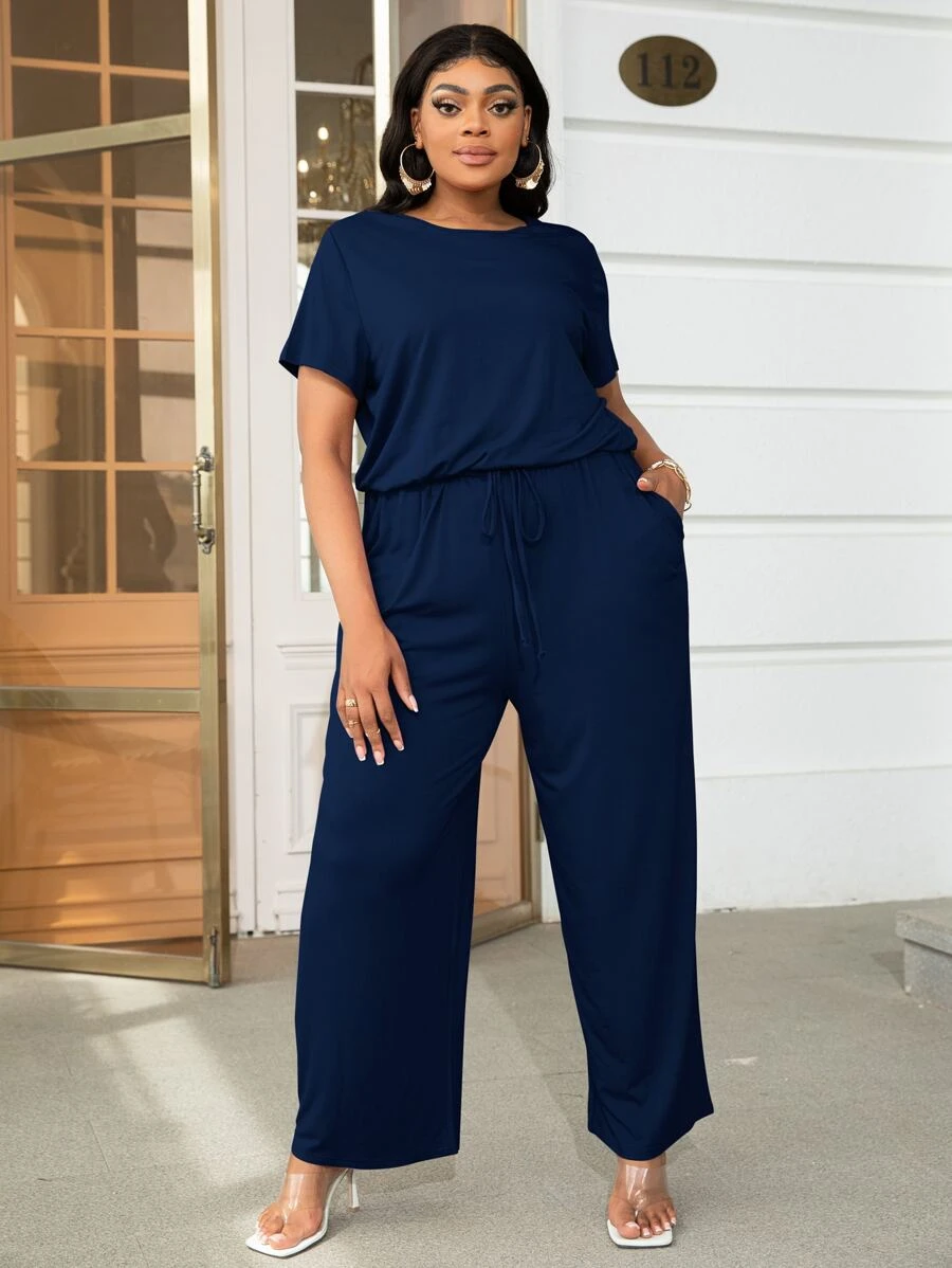 DEARCASE Plus Solid Drawstring Waist Keyhole Back Jumpsuit - Navy Blue - View 1