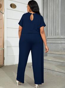 DEARCASE Plus Solid Drawstring Waist Keyhole Back Jumpsuit - Navy Blue - View 2
