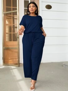 DEARCASE Plus Solid Drawstring Waist Keyhole Back Jumpsuit - Navy Blue - View 3