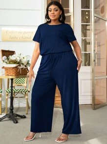 DEARCASE Plus Solid Drawstring Waist Keyhole Back Jumpsuit - Navy Blue - View 5