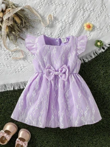 嬰兒荷葉邊方領前蝴蝶結蕾絲連衣裙 - 紫丁香色 - 查看 1