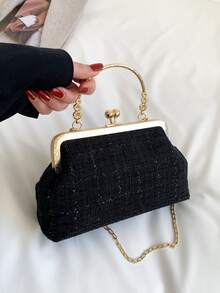 Bolsa cuadrada con patrón de cuadros con cerradura con cadena - Negro - Ver 1