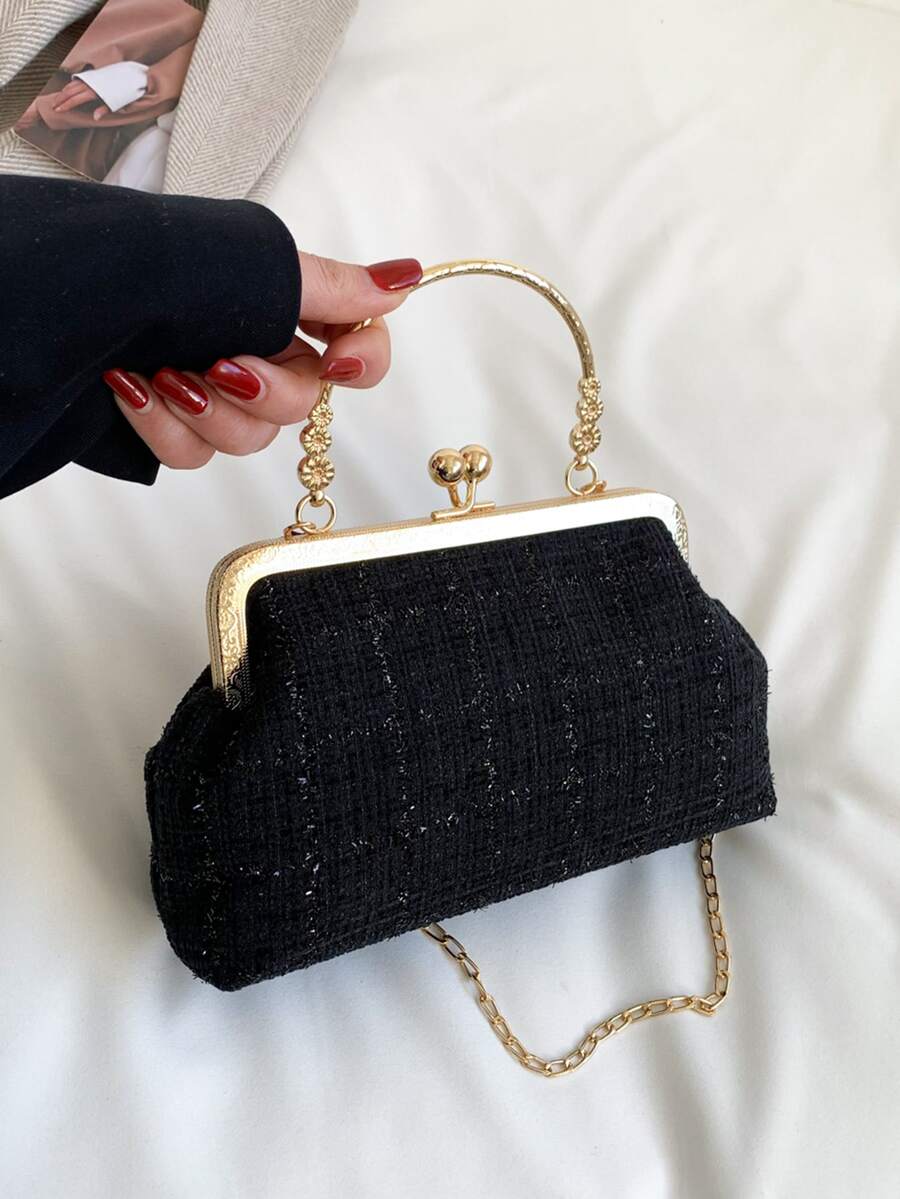 Bolsa cuadrada con patrón de cuadros con cerradura con cadena - Negro - Ver 1