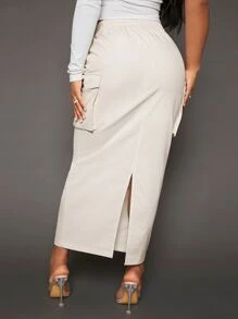 SHEIN SXY Drawstring Waist Flap Pocket Side Cargo Skirt - Beige - View 2